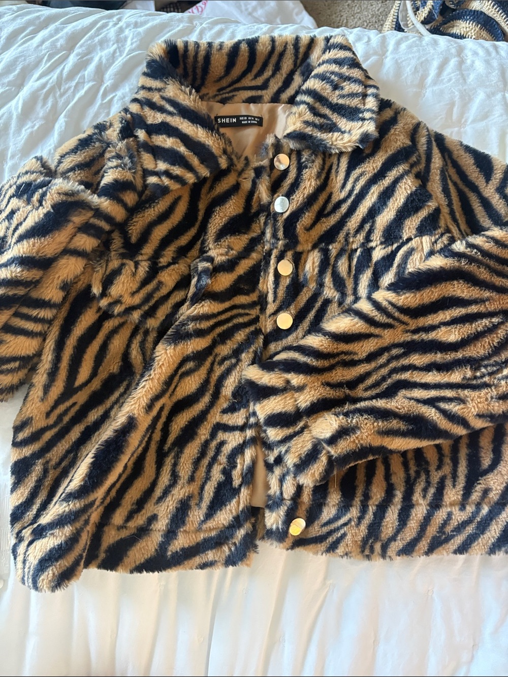 SHEIN Tiger-Stripe Faux Fur Jacket in Tan & Black